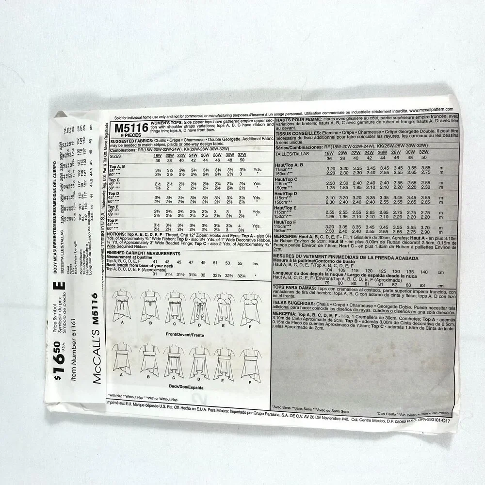 McCalls Sewing Pattern One Easy Pattern Six Looks M5116 Size RR 18W-24W Uncut